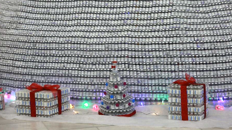 Christmas tree made of used COVID-19 vaccine vials seen in Bucharest, Romania