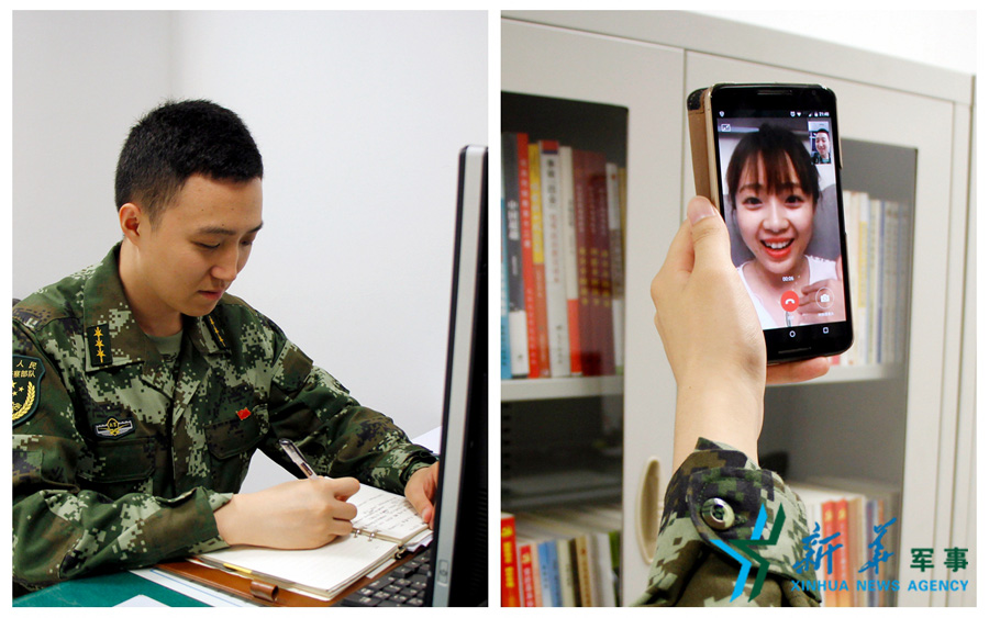 &uarr;陳德正，武警北京總隊七支隊某中隊指導員。七夕前夜堅守在值班崗位上的他，在結束值班后給妻子打了個視頻電話，通過網(wǎng)絡表達著對妻子的愛意。閆星辰 攝