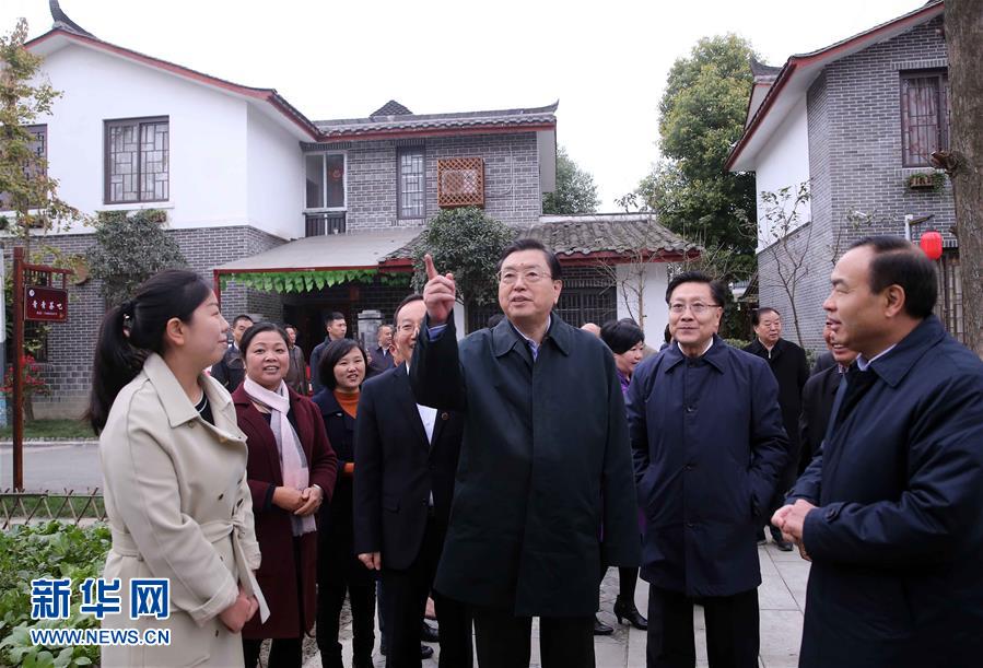 這是11月22日，張德江來(lái)到成都郫縣青杠樹(shù)村，了解村民委員會(huì)工作情況。 新華社記者 劉衛(wèi)兵 攝 