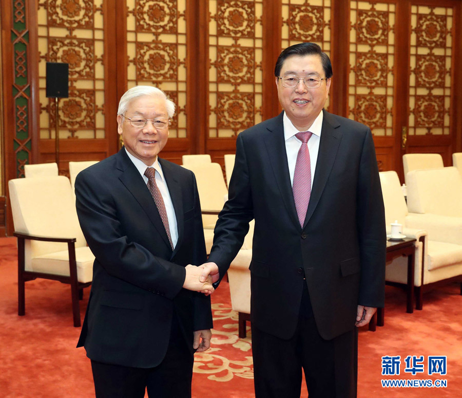 1月13日，中共中央政治局常委、全國人大常委會委員長張德江在北京人民大會堂會見越共中央總書記阮富仲。 新華社記者 劉衛(wèi)兵 攝