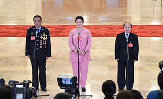 崔光日、荀笑紅、巨曉林代表接受采訪