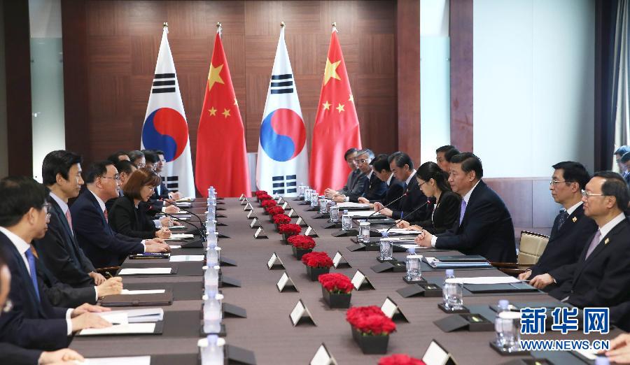 7月4日，國家主席習(xí)近平在首爾會見韓國總理鄭烘原。 新華社記者謝環(huán)馳攝 